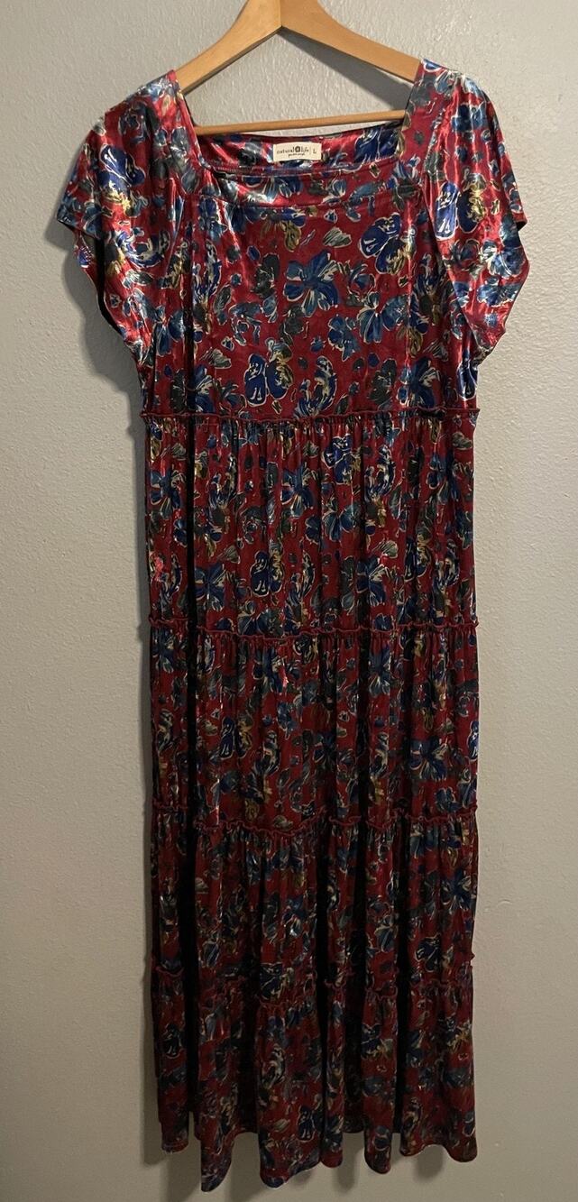Natural Life Dress Womens Large Red Floral Velvet Maxi Tiered Dark Boho Artsy